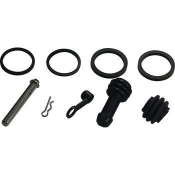 The Kawasaki Caliper Rebuild Kit Front by Moose Offroad includes four black rubber rings, pad hanger pins, a metal pin, a small clip, a hook-shaped piece, a threaded bolt, and a black rubber boot.