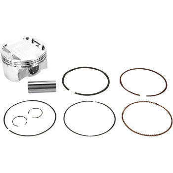 The Polaris Piston Kit 92.50 mm by Wiseco includes a metallic piston, wrist pin, two circlips, and four piston rings for 4-stroke engines, all arranged separately on a white background.