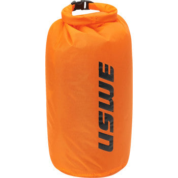 The Torr Drysack 2 liter by Uswe is an orange waterproof bag made of lightweight 40D nylon, with a roll-top closure and black buckle, and "USWE" printed vertically in bold letters on the front.