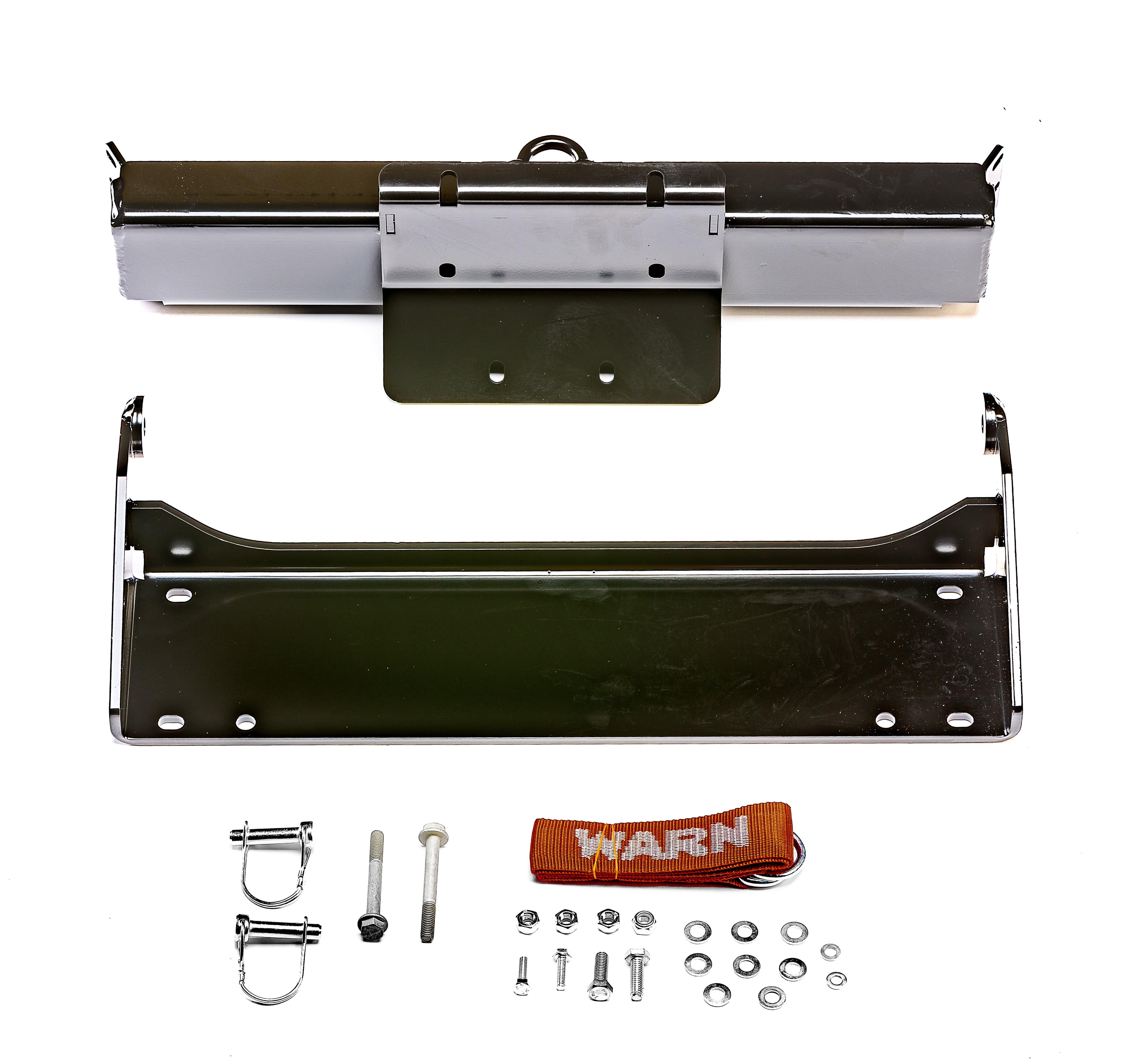 The Kawasaki Teryk KRX 1000 Provantage Front Snow Plow Mounting Kit By Warn includes a corrosion-resistant bracket, mounting plate, bolts, nuts, washers, two U-bolts, and an orange WARN tow strap displayed on a white background.