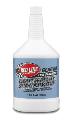 A 1 U.S. quart (946 ml) white plastic bottle of Red Line Low Weight S/P Gear Oil with a blue label, full synthetic formula, and Lightweight Shockproof designation.