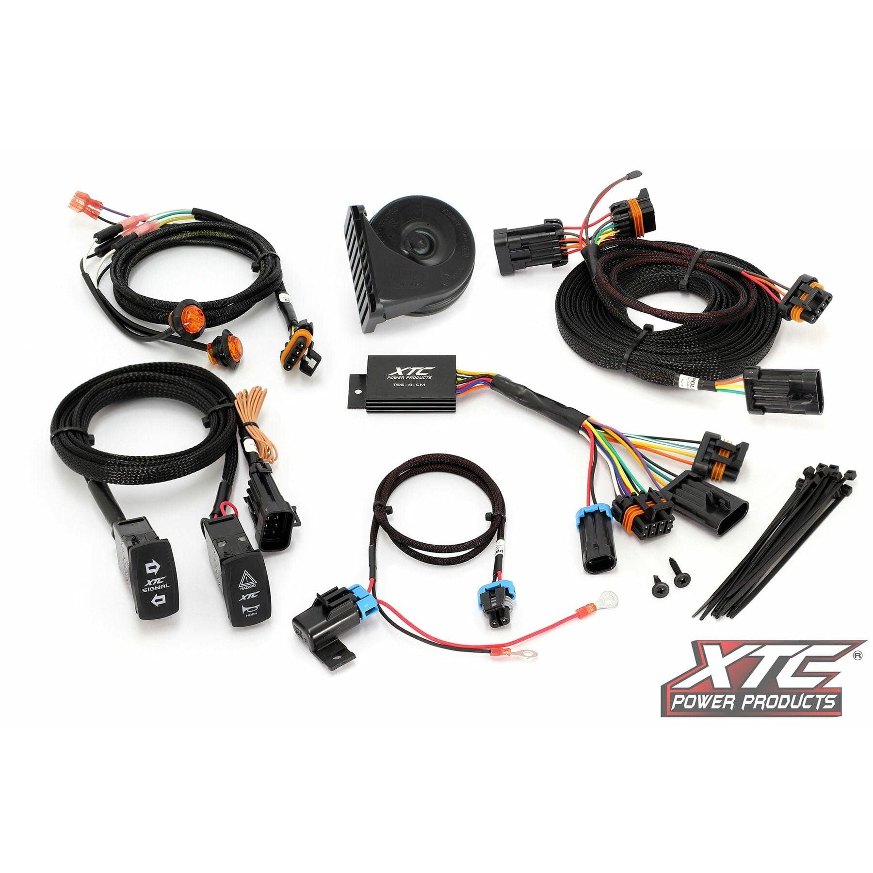 The Self Canceling Turn Signal Kit Pol by XTC Power is shown on a white background with wiring harnesses, switches, connectors, a relay, horn, zip ties, and the XTC Power Products logo in the bottom right corner.