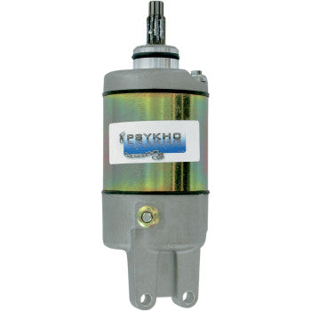 Starter by Psykho—an OEM replacement motorcycle starter motor featuring a metallic cylindrical body, two base mounting holes, and a visible top shaft with the PSYKHO label and chain graphic. Perfect for riders needing a reliable new starter.