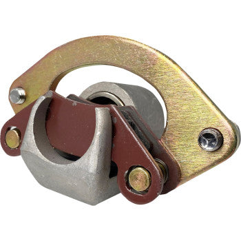 A close-up of the Polaris Brake Caliper Front Left by Quad Logic, featuring a curved gold mounting bracket, silver pivot, and brown components with bolts and screws—displayed against a white background.