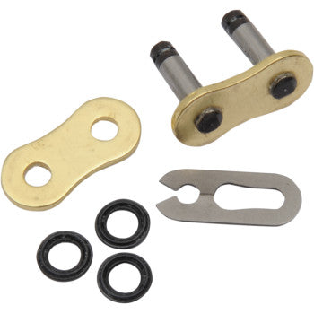 The 520 FB O-Ring Chain Connecting Link by Moose Offroad includes a gold connecting link, matching gold plate, silver clip, and three black rubber O-rings, all displayed on a white background.