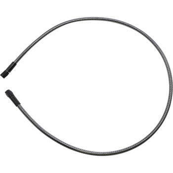 The KARBONFIBR Brake Line 36" by Magnum Shielding is a flexible, braided metal hose reinforced with Kevlar aramid fiber and features black connectors at both ends, displayed in a curved, semi-circular shape on a white background.