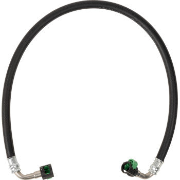 A Polaris Ranger Replacement Fuel Line by Moose Offroad, black and flexible with metal connectors and green plastic clips on both ends, displayed in a semi-circle on a white background. Designed for seamless OEM compatibility and reliable performance.