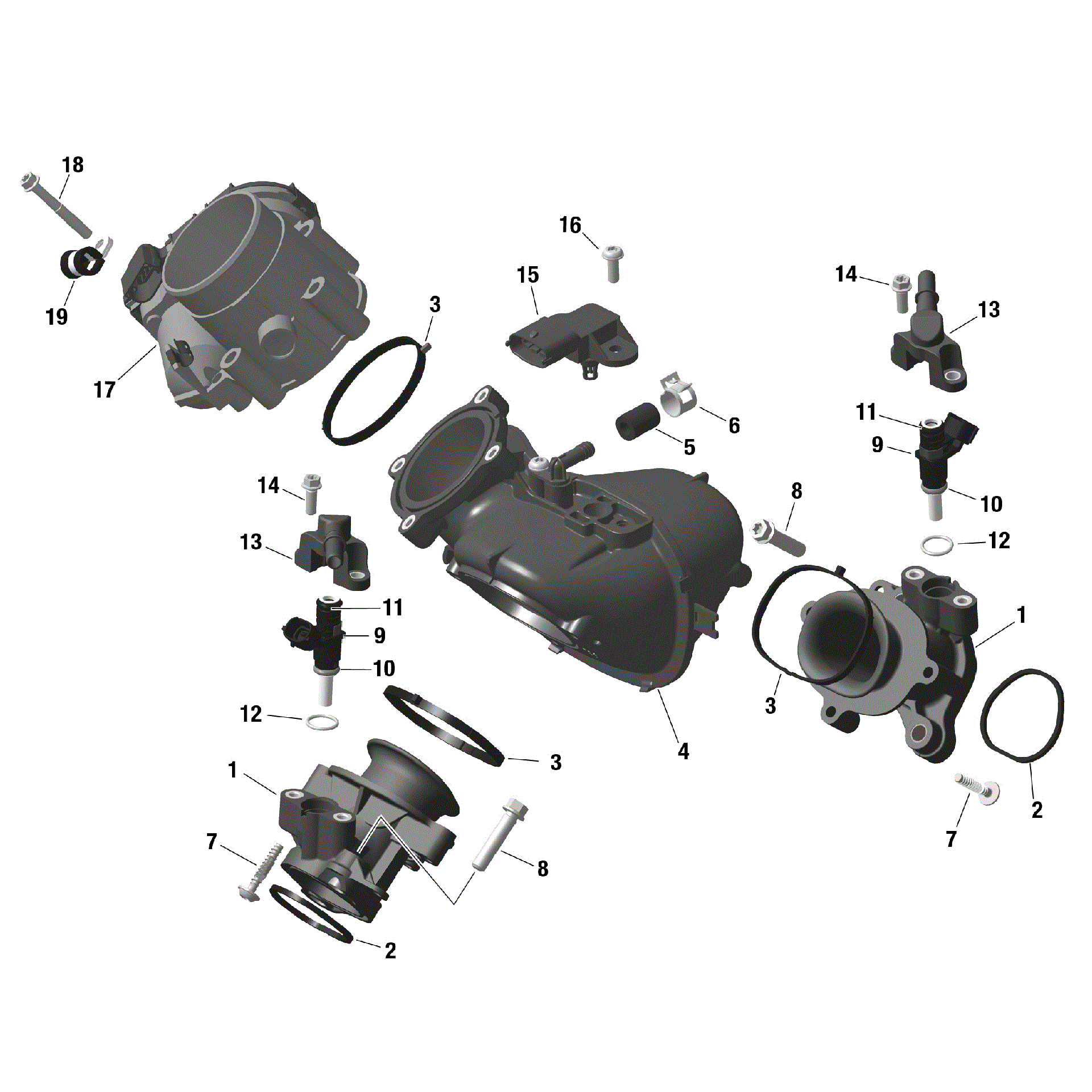 An Image of a Genuine Can-Am Parts Schematic Diagram showing the schematic - ROTAX - AIR INTAKE MANIFOLD AND THROTTLE BODY