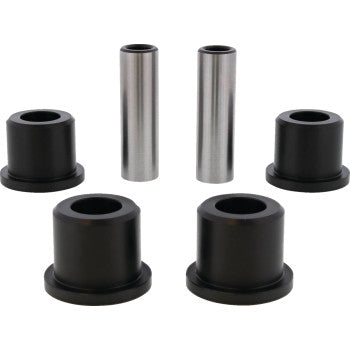 Six cylindrical mechanical components from the A-Arm Bearing Kit Front Upper Lower by Moose Offroad—four black bushings and two silver bearing steel sleeves—arranged on a white background, perfect for A-arm rebuilds or OEM replacements.