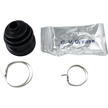 The Honda Pioneer Kawasaki Teryx CV Boot Kit by All Balls includes a high-tensile black rubber boot, C.V. grease packet, and two metal clamps—ideal for front outer or rear inner/outer Rhino ATV/UTV CV joints.
