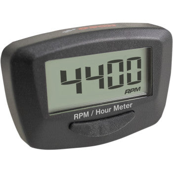 The Proton Tachometer by Koso North America is a black digital RPM/hour meter displaying 4400 RPM on its LCD screen. It features a rectangular display labeled RPM / Hour Meter and comes with easy installation instructions.