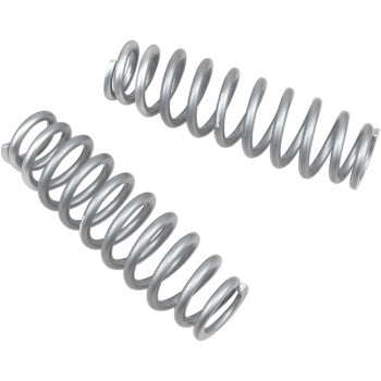 Two Shock Springs Front Silver by High Lifter, ideal for OEM shock replacement, are displayed diagonally and parallel to each other on a white background.