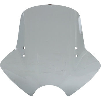 A black smoke, curved, shell-like seat with four mounting holes and a glossy finish reminiscent of the Demon Windshield - Black Smoke by Memphis Shades, viewed from the front and designed for attachment to a chair base.