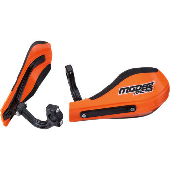 The Roost 2 Hand Guards Orange by Moose Offroad are durable composite handguards with handlebar mounts and adjustable deflectors, designed to protect motorcycle or dirt bike handlebars.