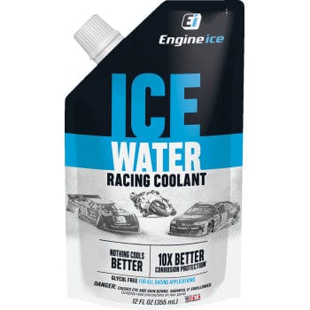 The 12 fl oz Ice Water Racing Coolant by Engine Ice comes in a pouch with bold blue and black text, race cars, and a motorcycle, highlighting “Nothing Cools Better” and “10X Better Corrosion Protection” for racing performance.