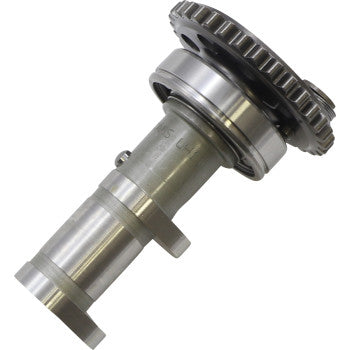 Metallic silver Yamaha camshaft exhaust with toothed gear and smooth cylindrical shaft.