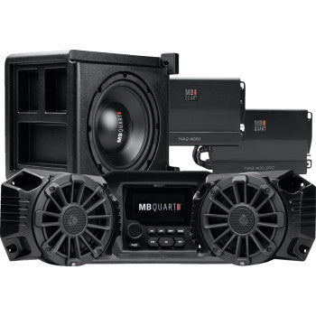 The Polaris Ranger Audio Kit by MB Quart includes a 10 subwoofer, two amplifiers, a stereo receiver with display screen, and two black round speakers with protective grills.
