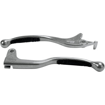 The Lever Set Black by Moose Offroad is shown lying side by side on a white background, featuring silver motorcycle brake and ergonomic clutch levers with black silicone grips and anti-friction bushings.