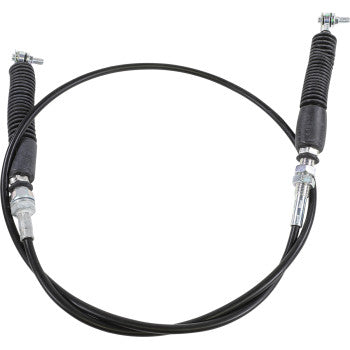Black flexible shifter cable with metal connectors and protective rubber boots on both ends.