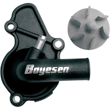 The Honda Impeller Waterpump Cover Black by Boyesen features an aluminum cover with angled outlet and mounting holes, displayed alongside a separate gray hydrodynamic impeller with curved blades for high-flow water pumps.