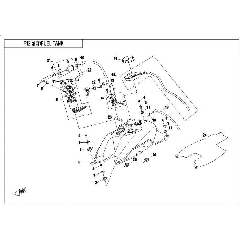 An Image of a genuine CFMOTO Parts Schematic Diagram showing the group - FUEL TANK - 2018 CFMOTO CFORCE 500 HO
