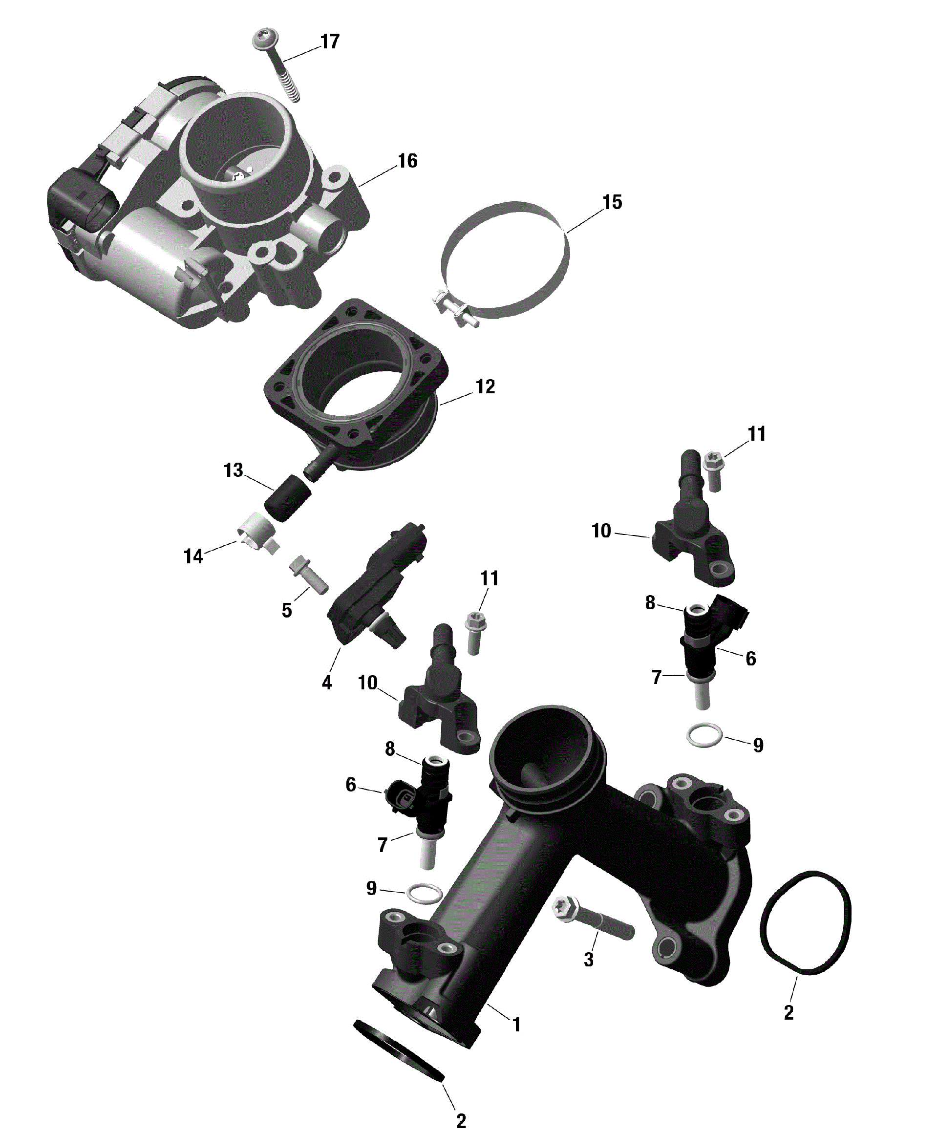 An Image of a Genuine Can-Am Parts Schematic Diagram showing the schematic - ROTAX - AIR INTAKE MANIFOLD AND THROTTLE BODY