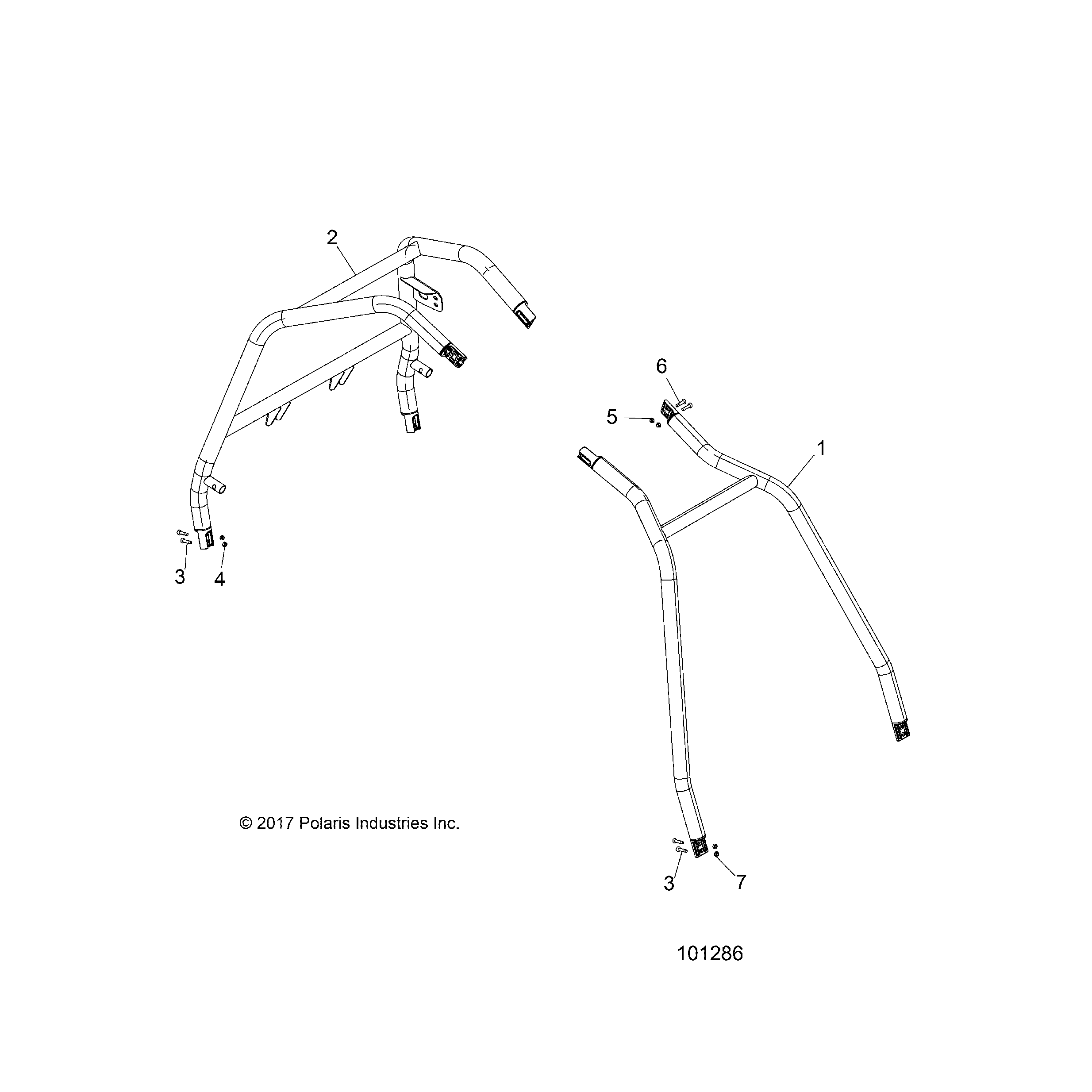 An Image of a Genuine Polaris Parts Schematic Diagram showing the schematic - CHASSIS: CAB FRAME AND SIDE BARS - 2018 POLARIS ACE 570