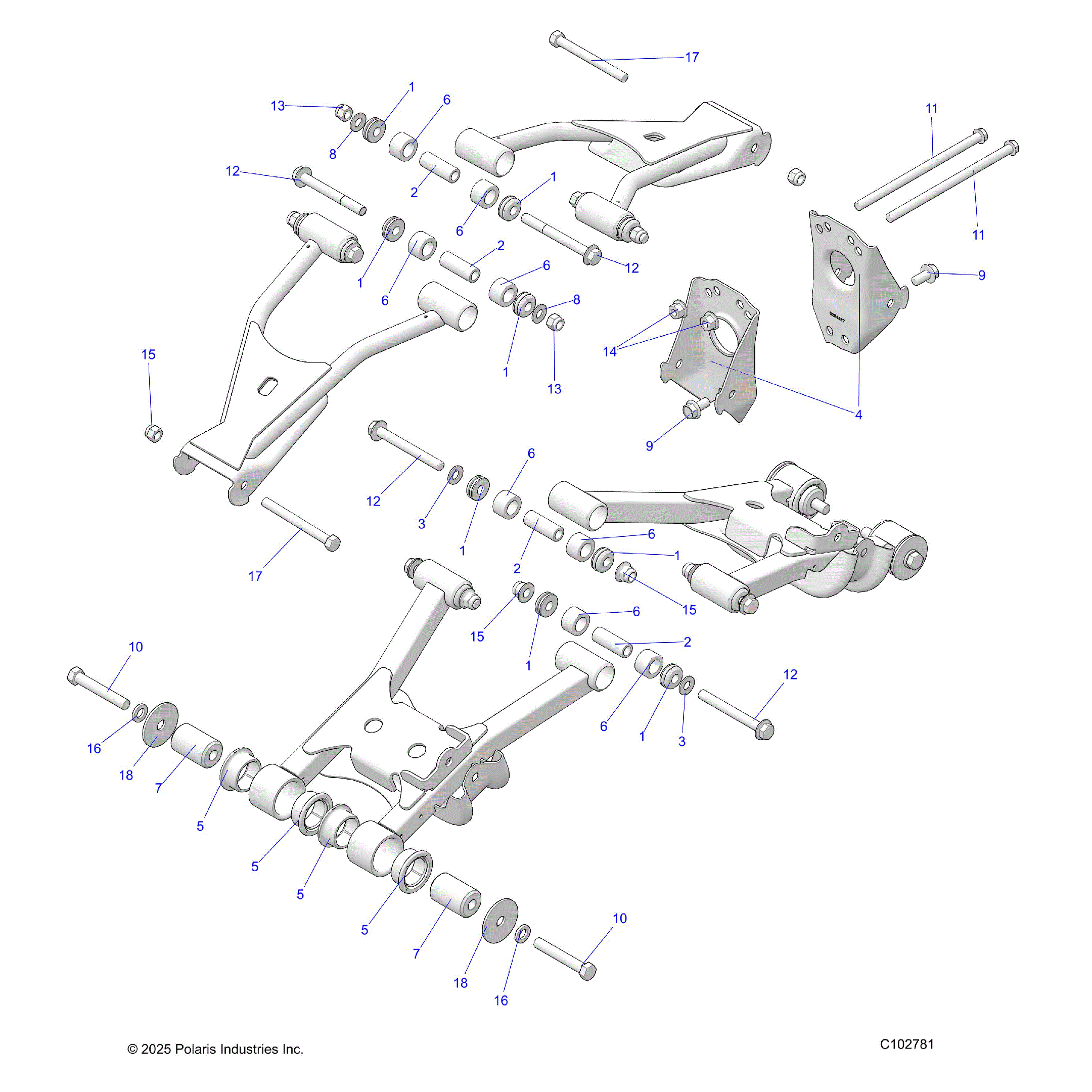 An Image of a Genuine Polaris Parts Schematic Diagram showing the schematic - SUSPENSION: REAR CONTROL ARM MOUNTING - 2026 POLARIS SPORTSMAN 570