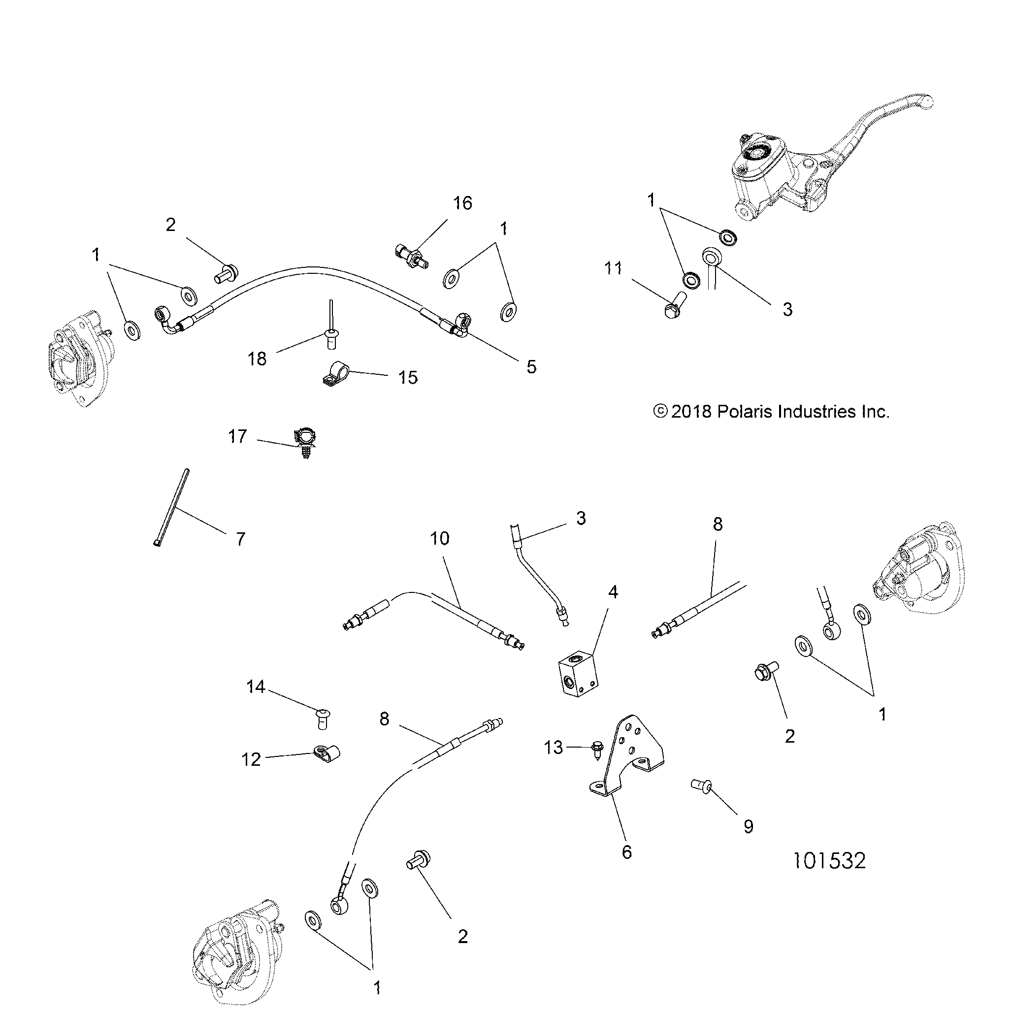 An Image of a Genuine Polaris Parts Schematic Diagram showing the schematic - BRAKES: BRAKE LINES - 2019 POLARIS SPORTSMAN TOURING 850 SP