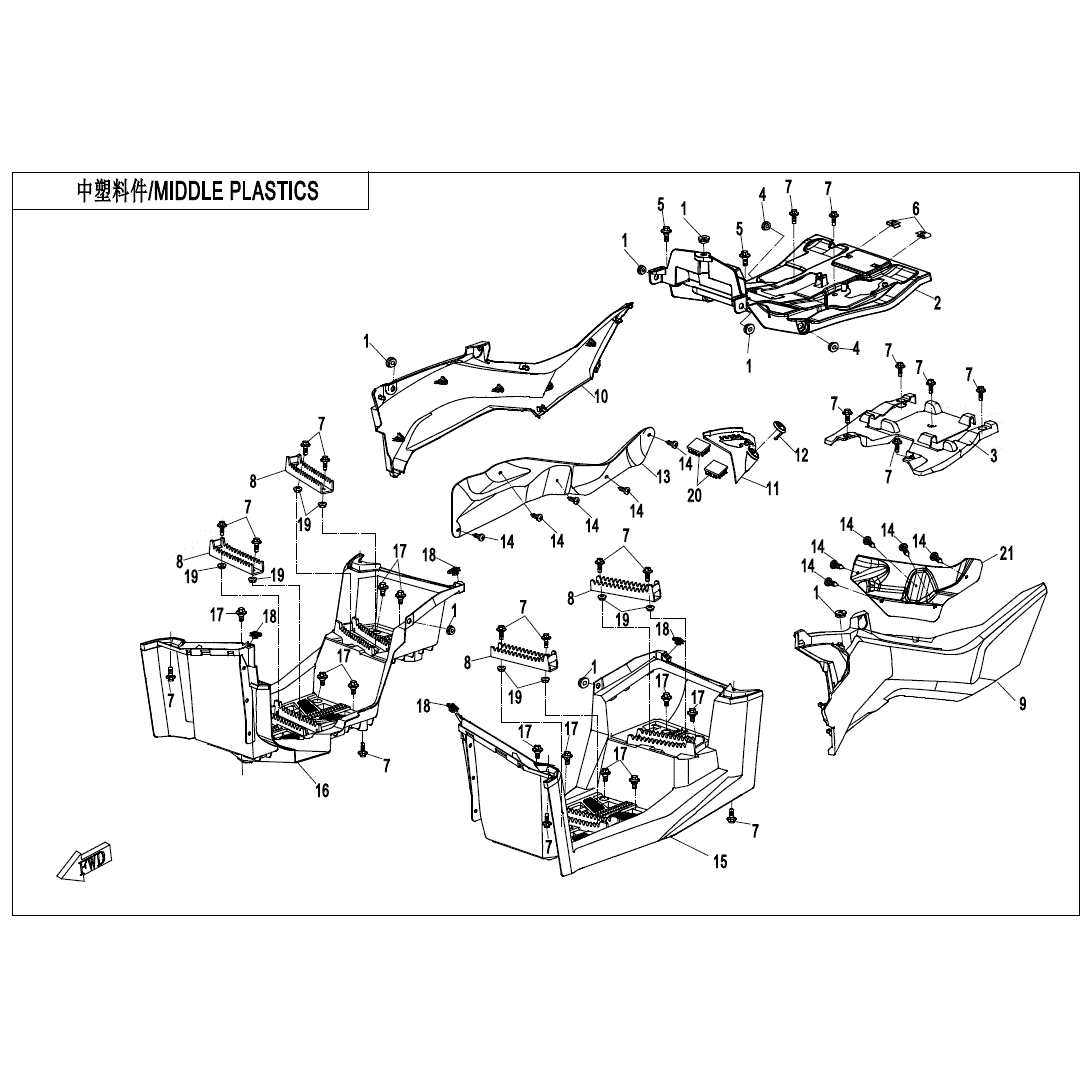 An Image of a genuine CFMOTO Parts Schematic Diagram showing the group - MIDDLE PLASTICS - 2022 CFMOTO CFORCE 1000 Overland