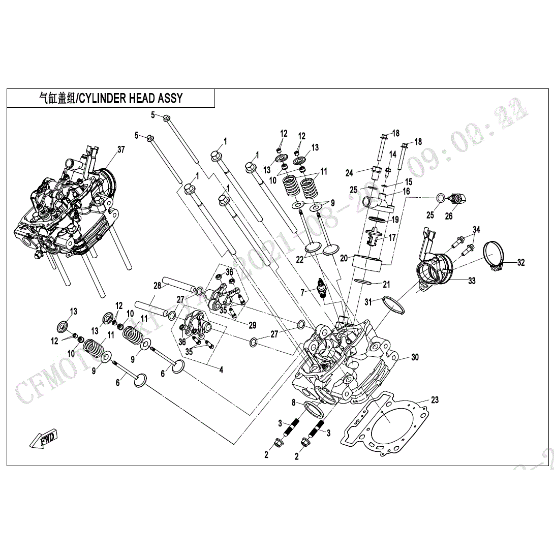 An Image of a genuine CFMOTO Parts Schematic Diagram showing the group - CYLINDER HEAD ASSY(WITH FUEL VAPORIZATION SYSTEM) - 2024 CFMOTO CFORCE 400 S