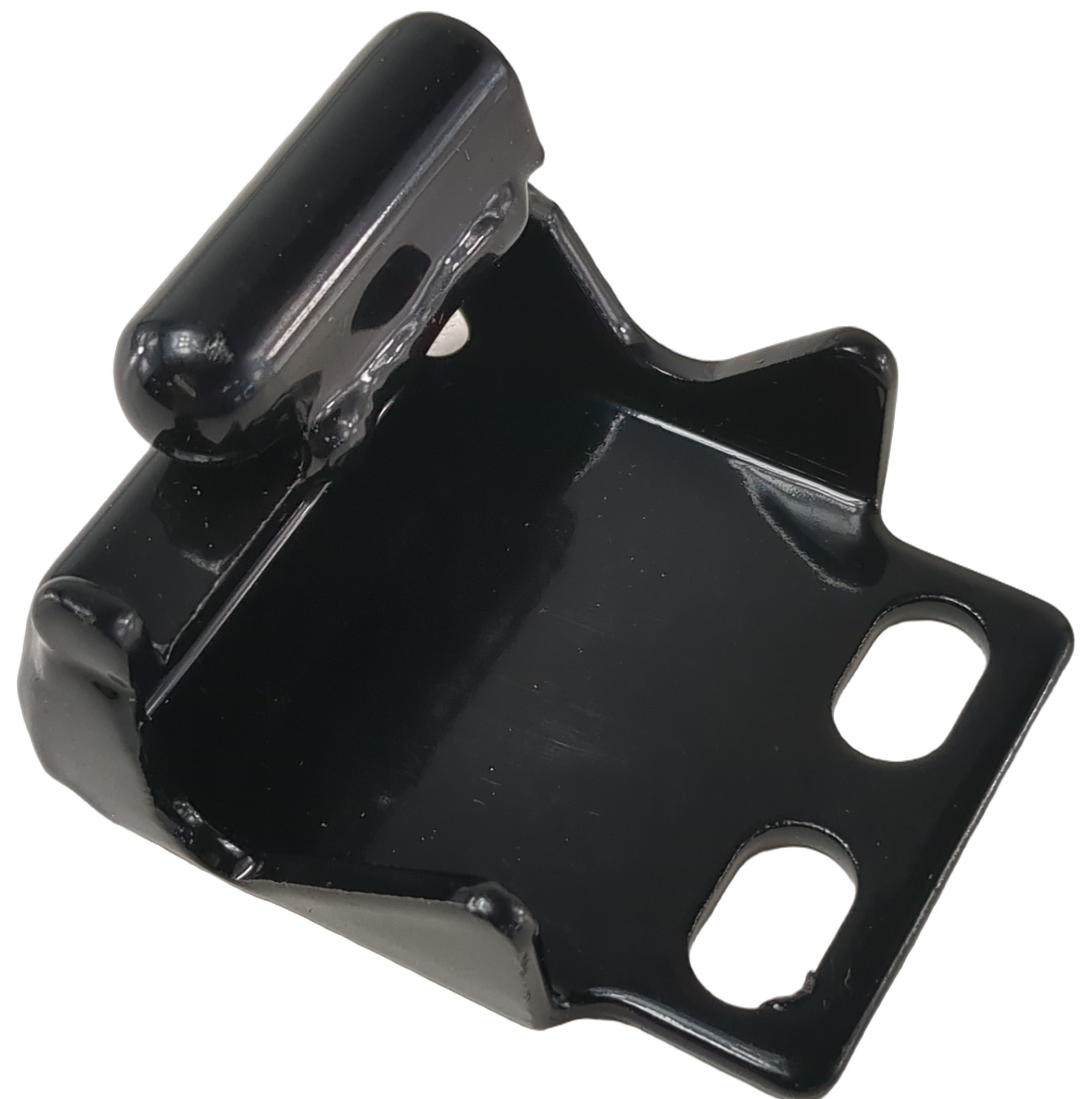 Black metal upper hinge bracket with two mounting holes and a cylindrical pivot arm.