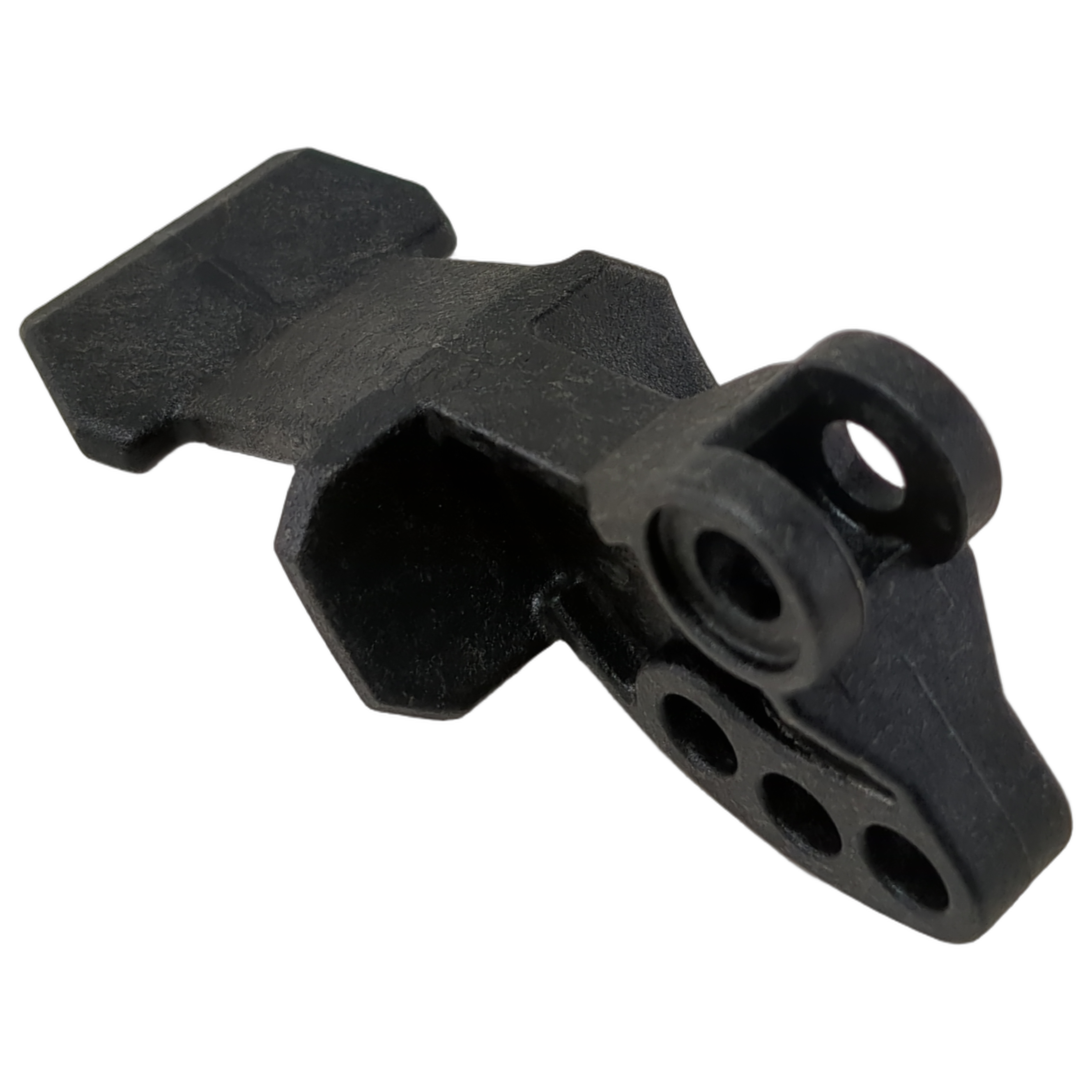 Black textured plastic door handle with angular shape and multiple mounting holes.