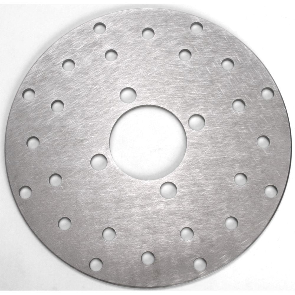 Round silver metal brake rotor with multiple evenly spaced circular holes and central mounting hole.