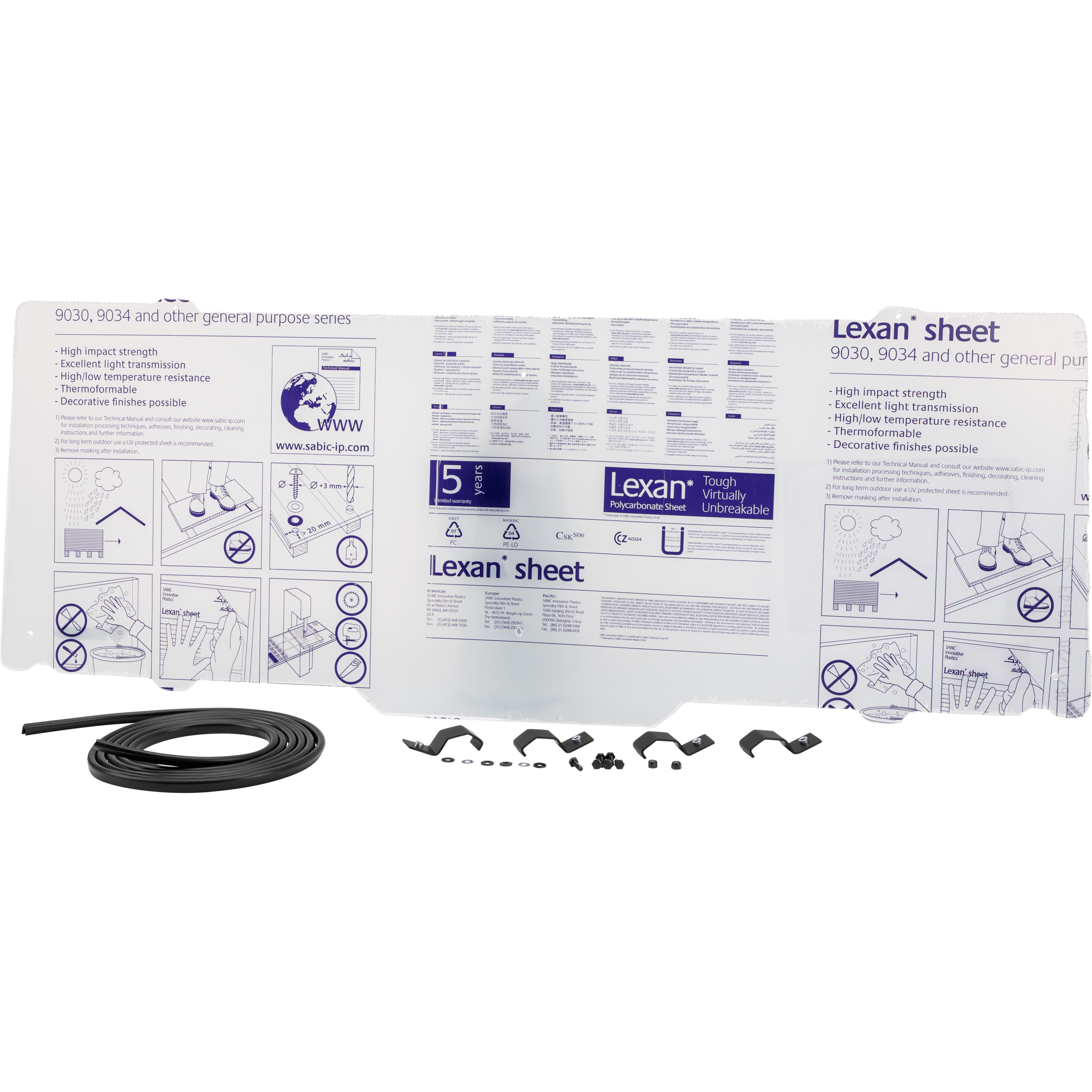 The Polaris Ranger Full Size Clear Rear Windshield by Open Trail is shown with printed instructions, a black rubber seal, and black mounting hardware arranged in front, offering high strength protection for rear windshield use.