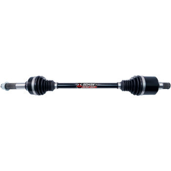 Black and silver heavy-duty rear left axle with rubber CV boots and metal shaft for offroad UTV use.