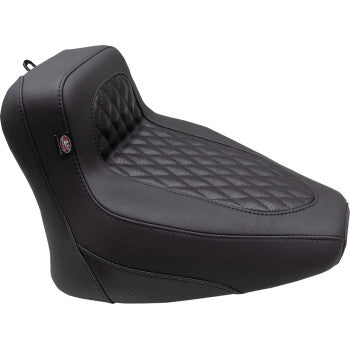 The Mustang Squareback Seat - Solo - Black - Diamond Stitch features a raised backrest and textured side panels for comfort and style, perfectly fitting the Chief 2022-2024.