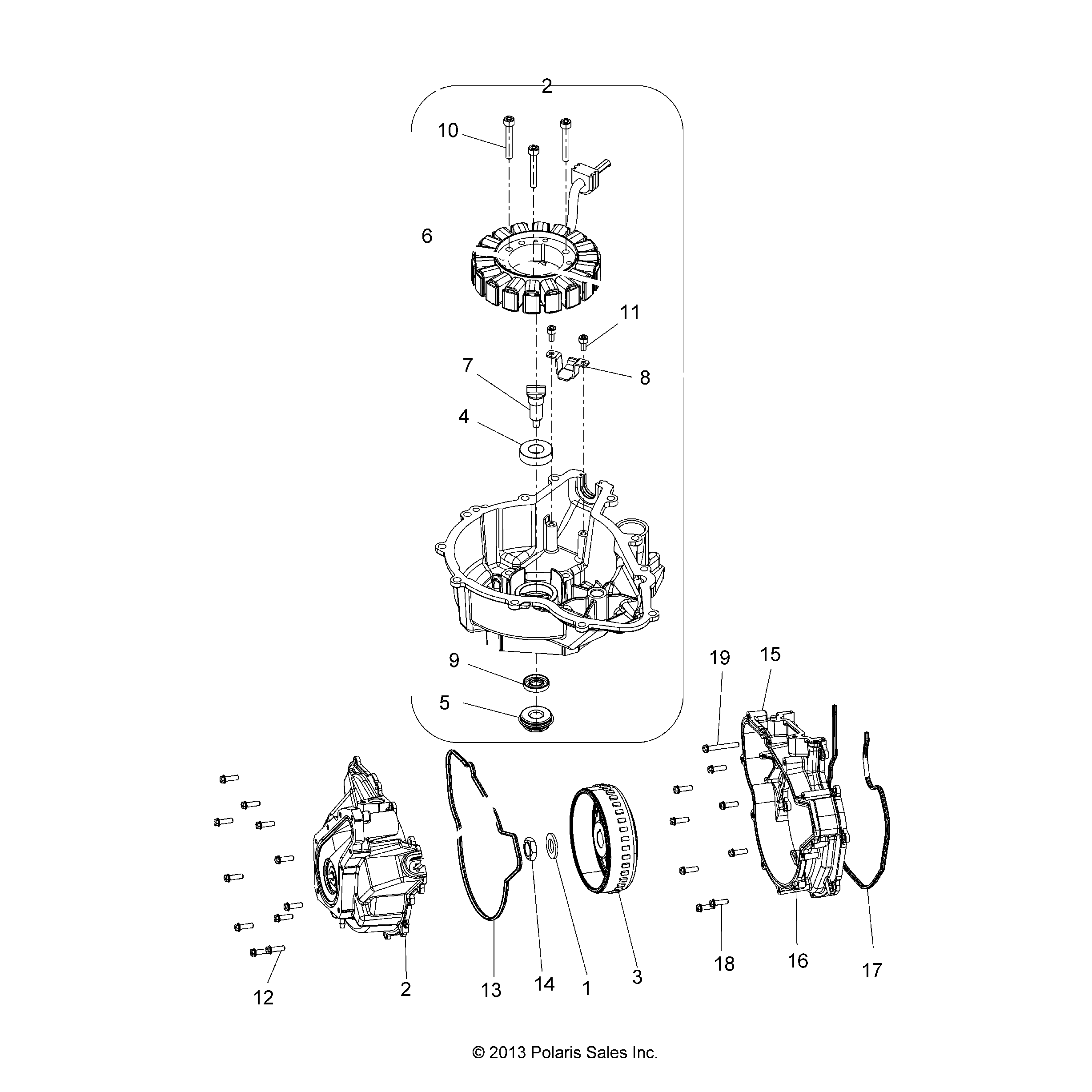 An Image of a Genuine Polaris Parts Schematic Diagram showing the schematic - ENGINE: STATOR COVER and FLYWHEEL - 2015 POLARIS SPORTSMAN 570 EFI