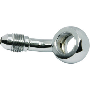 The Banjo Fitting 10 mm AN3 45° Chrome by Magnum Shielding is a shiny metal fitting with a hexagonal threaded end and circular opening, designed for automotive or hydraulic systems with AN-3 fittings.