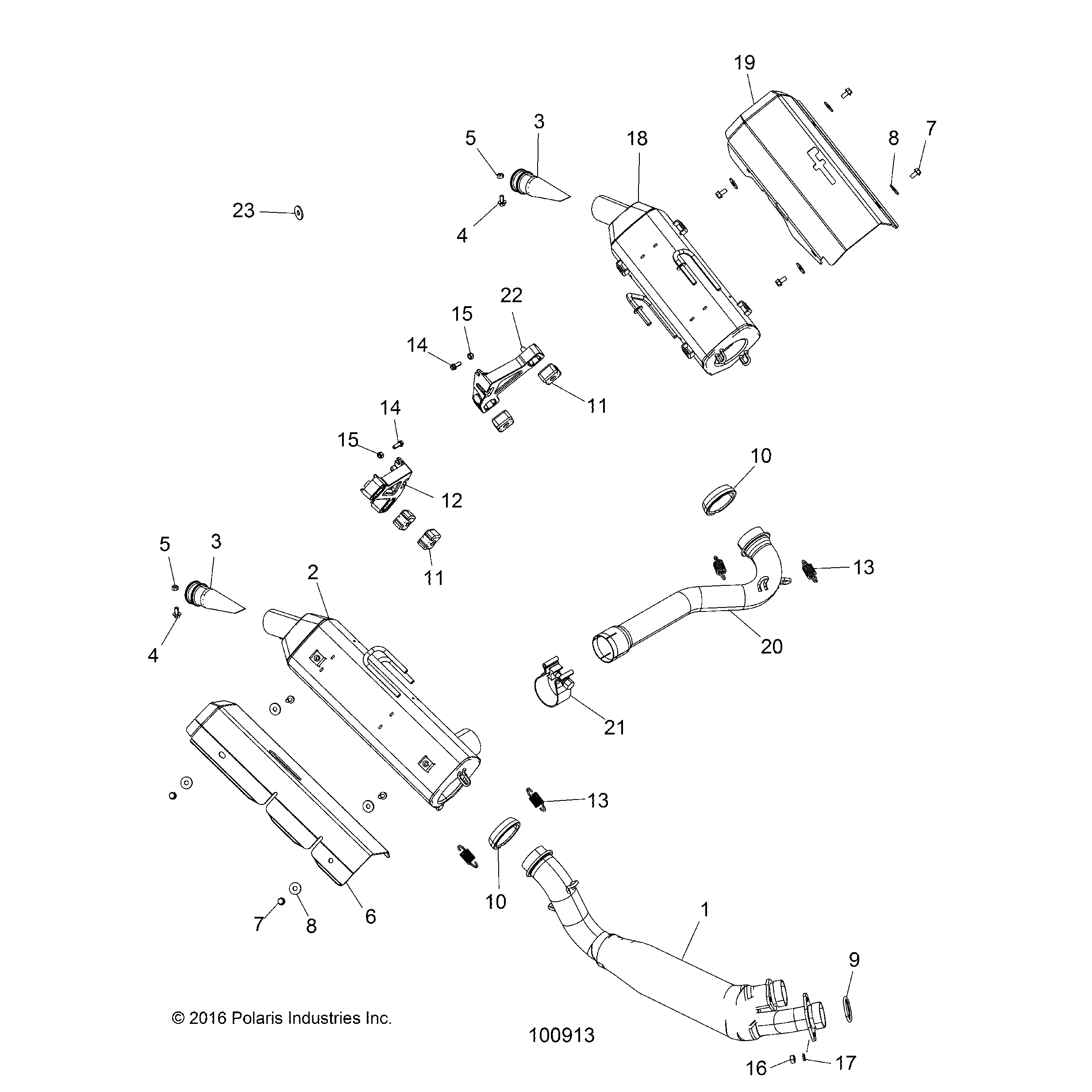An Image of a Genuine Polaris Parts Schematic Diagram showing the schematic - ENGINE: EXHAUST - 2017 POLARIS SCRAMBLER XP 1000