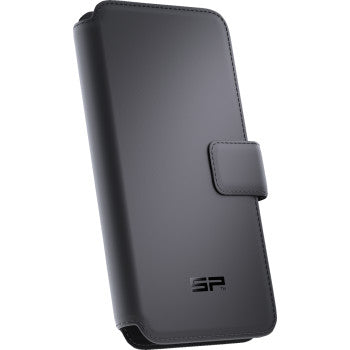A black Case SPC+ Magnetic Flip Cover XL by Sp Connect, featuring leather style, RFID blocking, a magnetic clasp, and "SP" embossed on the lower front corner.