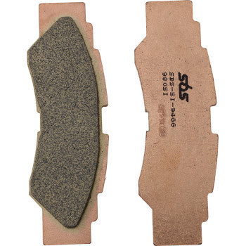 Pair of rectangular off-road sintered brake pads with textured gray friction surface and copper-colored backing plate, one.