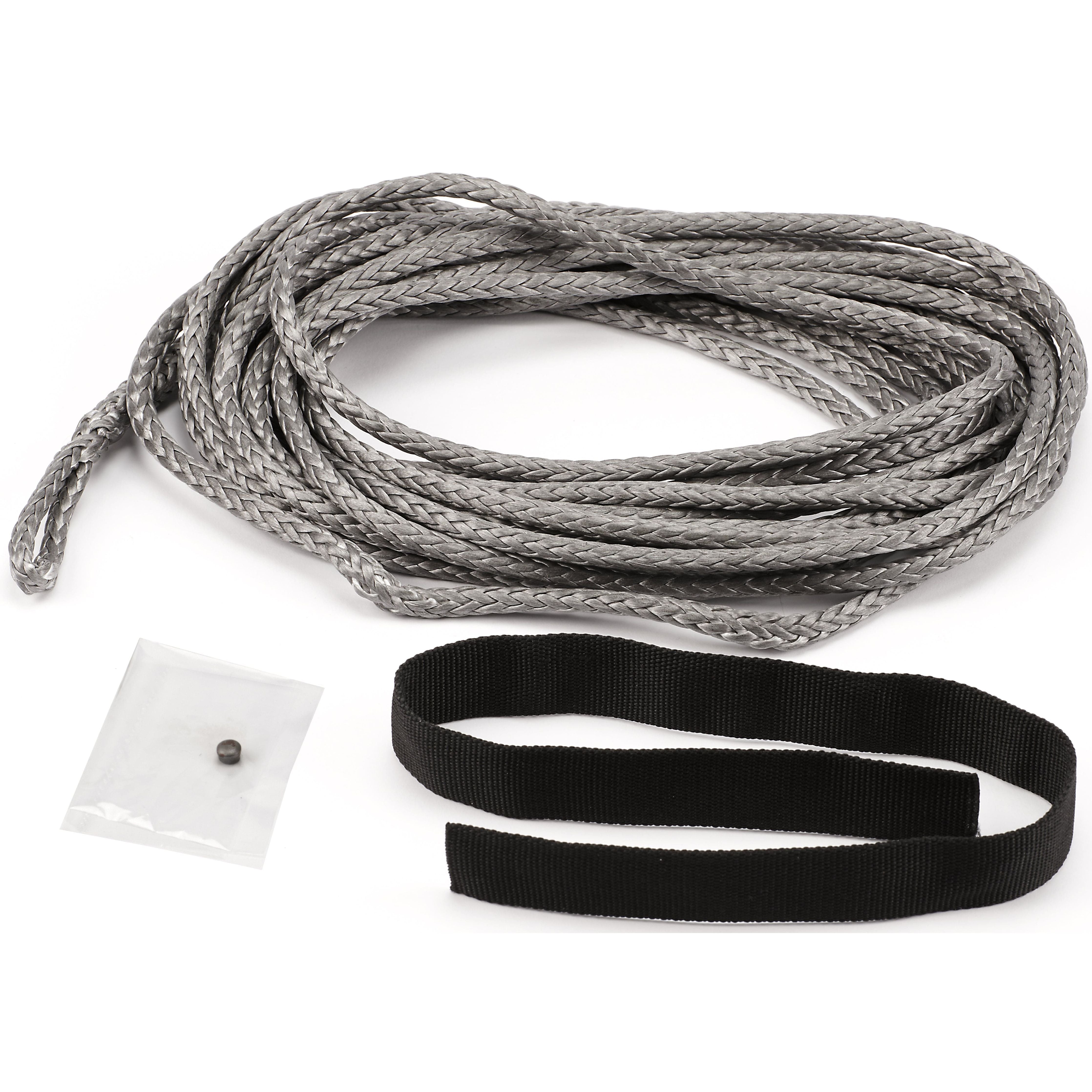The Winch Replacement Synthetic Rope Axon 45Rc by Warn, coiled gray and braided, plus a small black pin in a clear bag and a black strap with loop and rock guard sleeve—all displayed on a white surface.