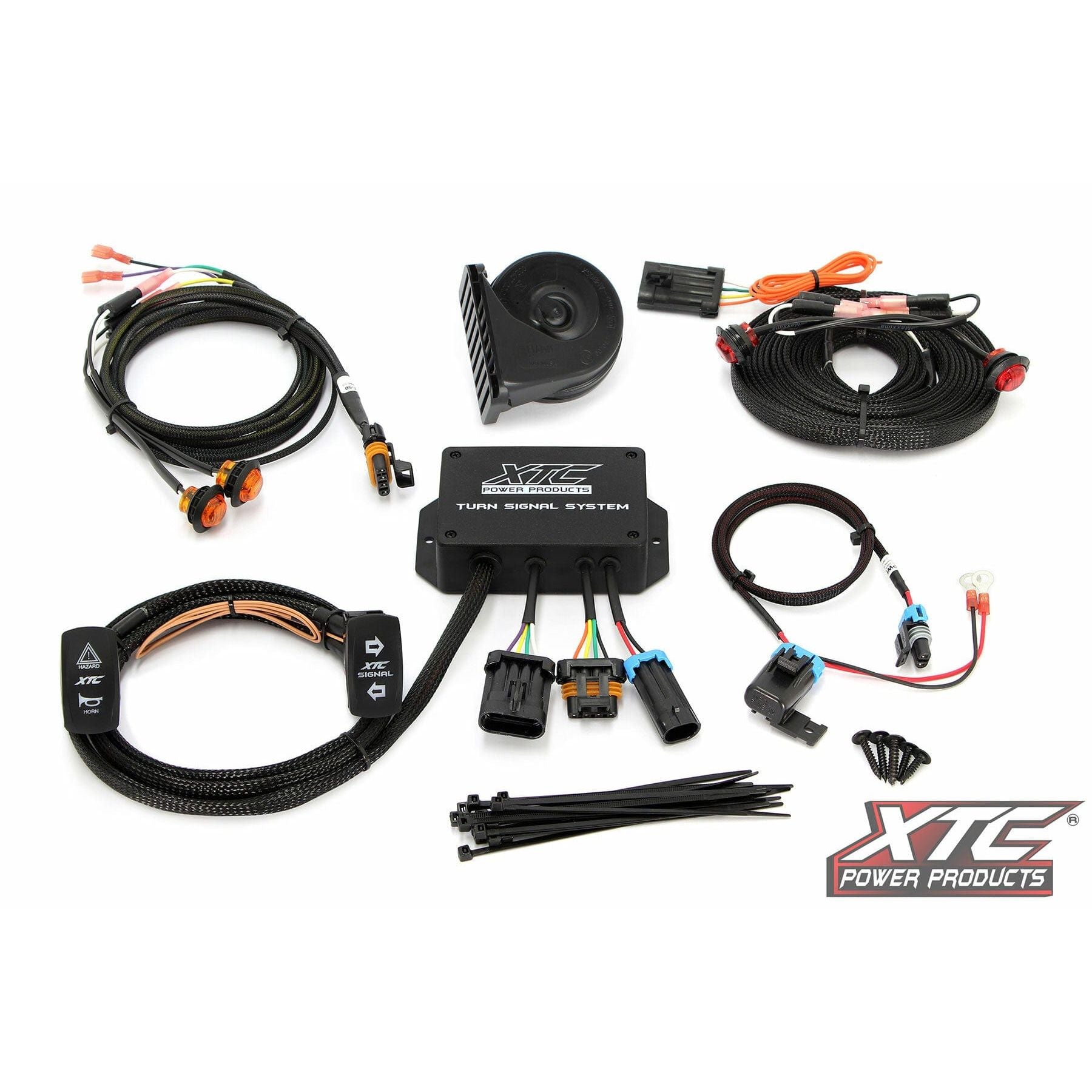 The Standard Turn Signal Kit Universal w/ Horn by XTC Power includes black wiring harnesses, connectors, control box, switches, horn, zip ties, and displays the XTC Power logo on a white background.