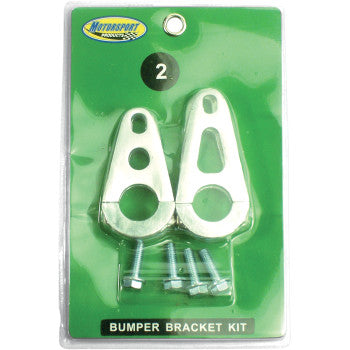 The Yamaha EZ Fit Bumper Bracket Kit by Motorsport Products includes two silver billet aluminum brackets and four bolts, all packaged with the number 2 on a green background for secure, easy bumper installation.