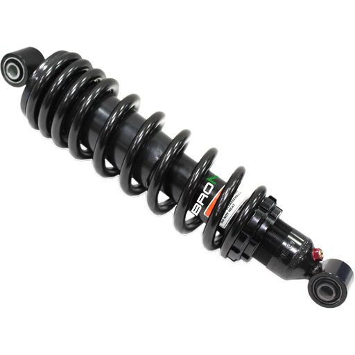 The Honda Fourtrax 4x4 UTV/ATV Front Gas Shock by Bronco is black with a tightly wound spring, colored stripes, dual mounting eyelets, and Witchdoctors branding plus extra text on the body.