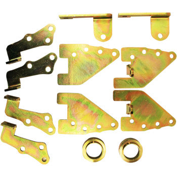Nine gold-colored metal brackets and two round bushings from the Lift Kit Front Back 2.50 by High Lifter are arranged neatly on a white background, offering versatile mounting options for ATV lift kit or big wheel kit installations.