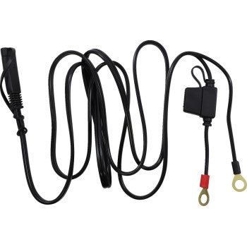 The Ridepower SAE O-Ring Terminal Cable Charger 6' is a black cable with two ring terminals (one red-sleeved, one black-sleeved) on one end and an SAE quick disconnect rectangular connector on the other.