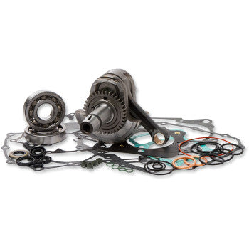 The Honda Crankshaft Kit Stroker Crankshaft Replacement by Hot Rods includes a crankshaft, connecting rod, ball bearings, gaskets, O-rings, and seals—arranged on a white background to meet OEM specifications.