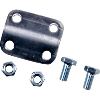 The Yamaha Adapter Parking Brake by Powermadd, a metal plate with four holes, is shown with two bolts and two hex nuts on a white background—perfect for sport ATV Yamaha models.